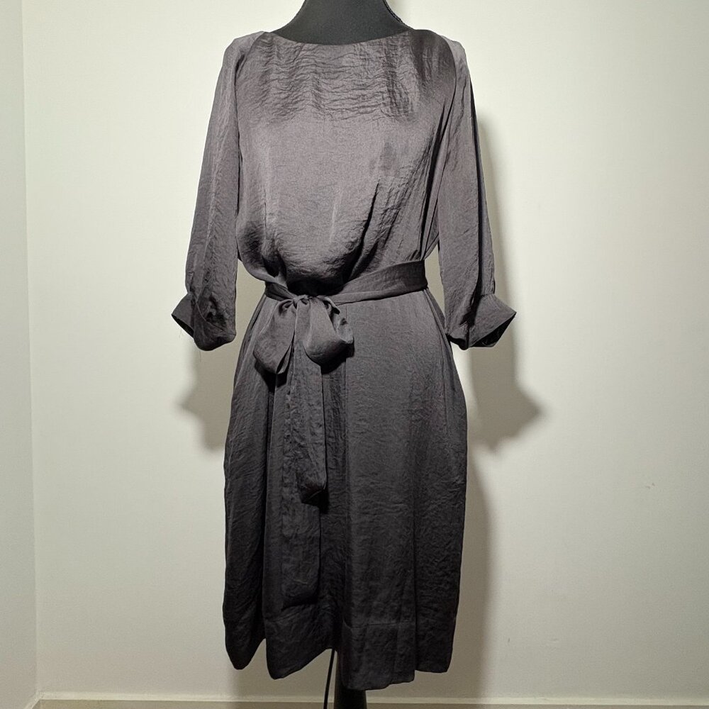 Calvin Klein Gray Satin Women's Midi Dress with Matching Belt - Size Large
